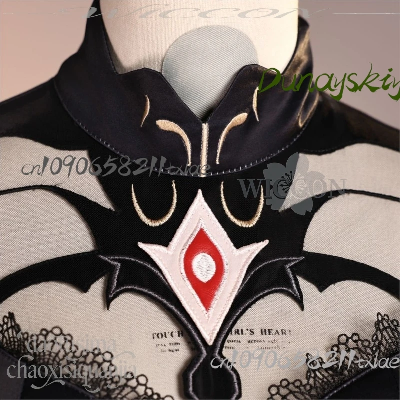 Juego de Anime Genshin Impact Cosplay disfraz de Ronova mono Sexy vestido largo negro rojo patrón de hueso de dragón gótico Lolita Halloween