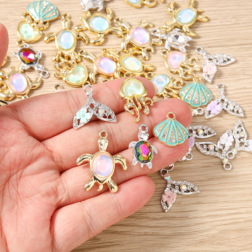 Tusember 10 Stück Kristall-Meerjungfrauen-Schwanz-Muschel-Quallen-Schildkröten-Anhänger für Halsketten, Ohrringe, Armbänder, Anhänger, Bastelarbeiten – Detail 3