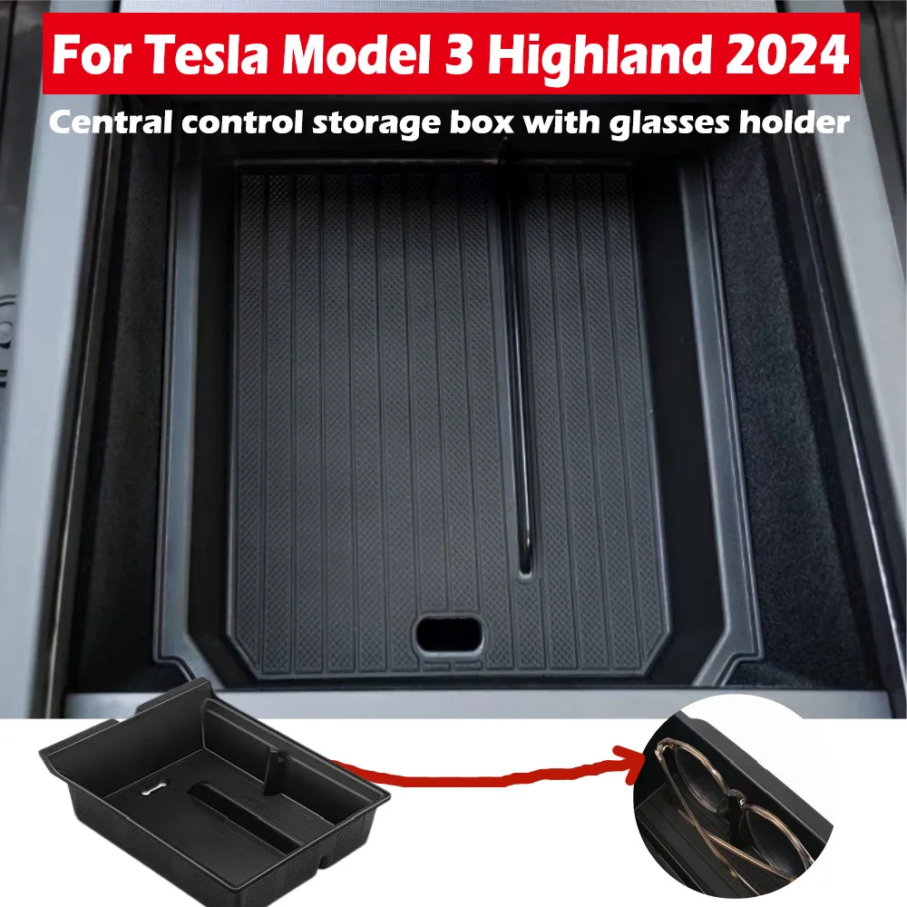 Central Control Storage Box & Central Armrest Storage Box With Glasses Holder Fit For Tesla Model 3 Highland 2024（Silicone）