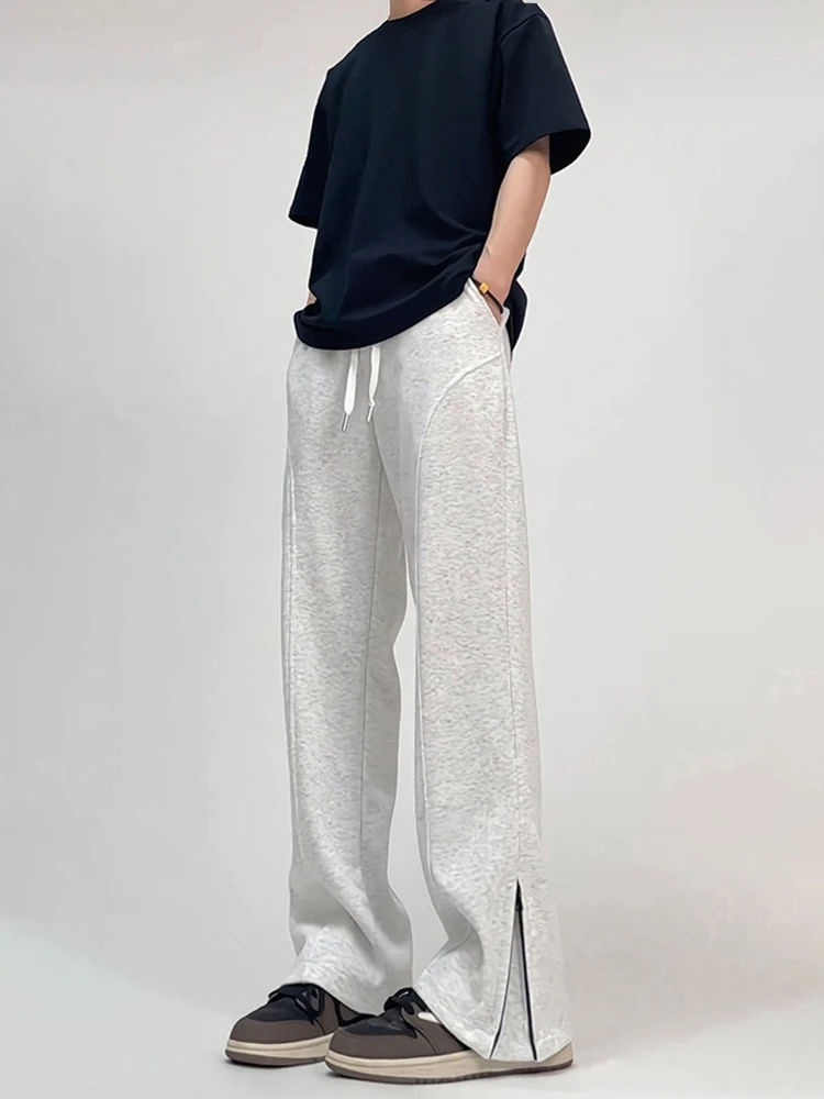 

Gray Floral American Heavyweight Straight Leg Sweatpants for Men Summer Teenage Side Zipper Micro Flare Casual Sports Pants