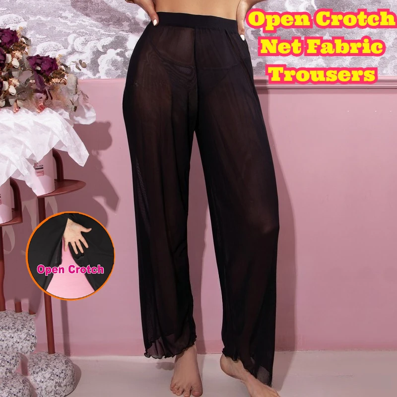 

Women Sheer Mesh Pants Open Crotch Sexy See Through Lingerie Cross Bikini Style Long Trousers New Fashion Seductive Transparent