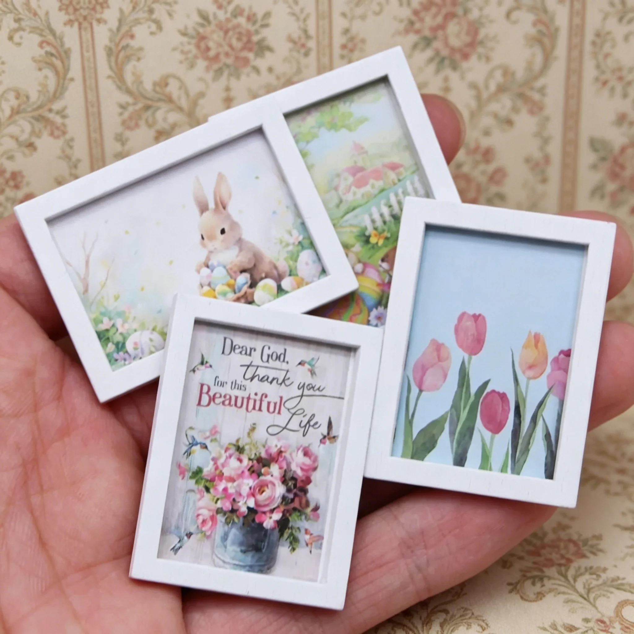 1:12 Dollhouse Miniature Easter Bunny Framed Prints, 4Pcs/Set Room Decor