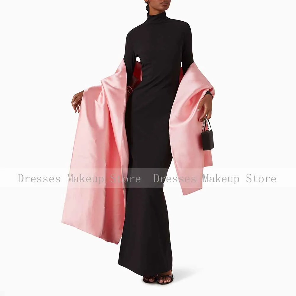 Black Evening Dress with Pink Shawl High Collar Long Sleeves Modest Evening Gowns for Women 2025 Ankle Length Column Formal Gown