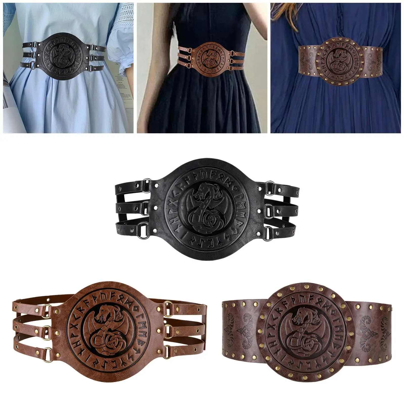 Middeleeuwse brede riem Verstelbaar Decoratief Retro Design Reliëf Vetersluiting Design Scandinavische tailleriem PU-leer voor cosplaykostuum