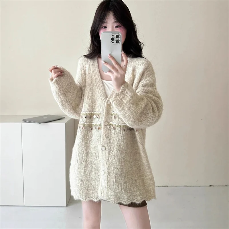 고급 니트 스웨터 가디건 여성용 초가을 2025 신상 비볼링 V넥 롱 슬리브 레귤러 얇은 아우터웨어