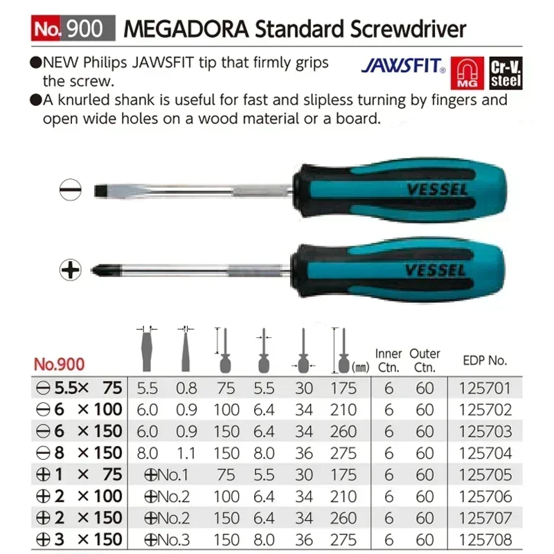 Genuine Vessel MEGADORA Standard Screwdriver Phillips Screwdriver Screwdriver No.900 Precision