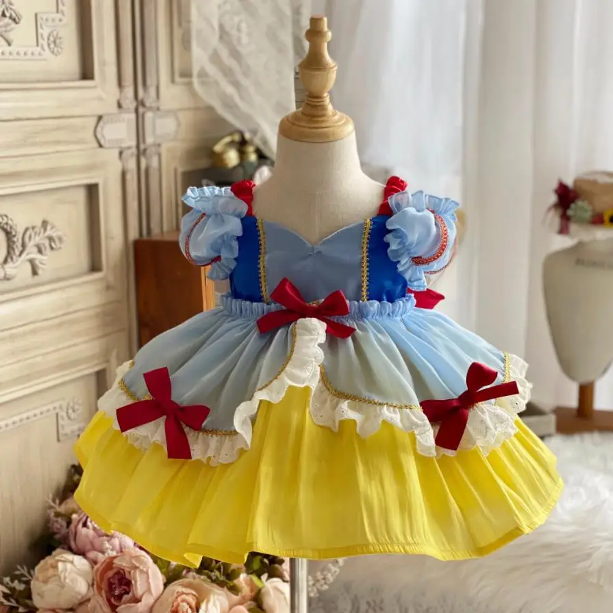 Spanish Vintage Lolita Girl Dress Lace Stitching Short Sleeve Birthday Party Easter Princess Dresses For Girl A166