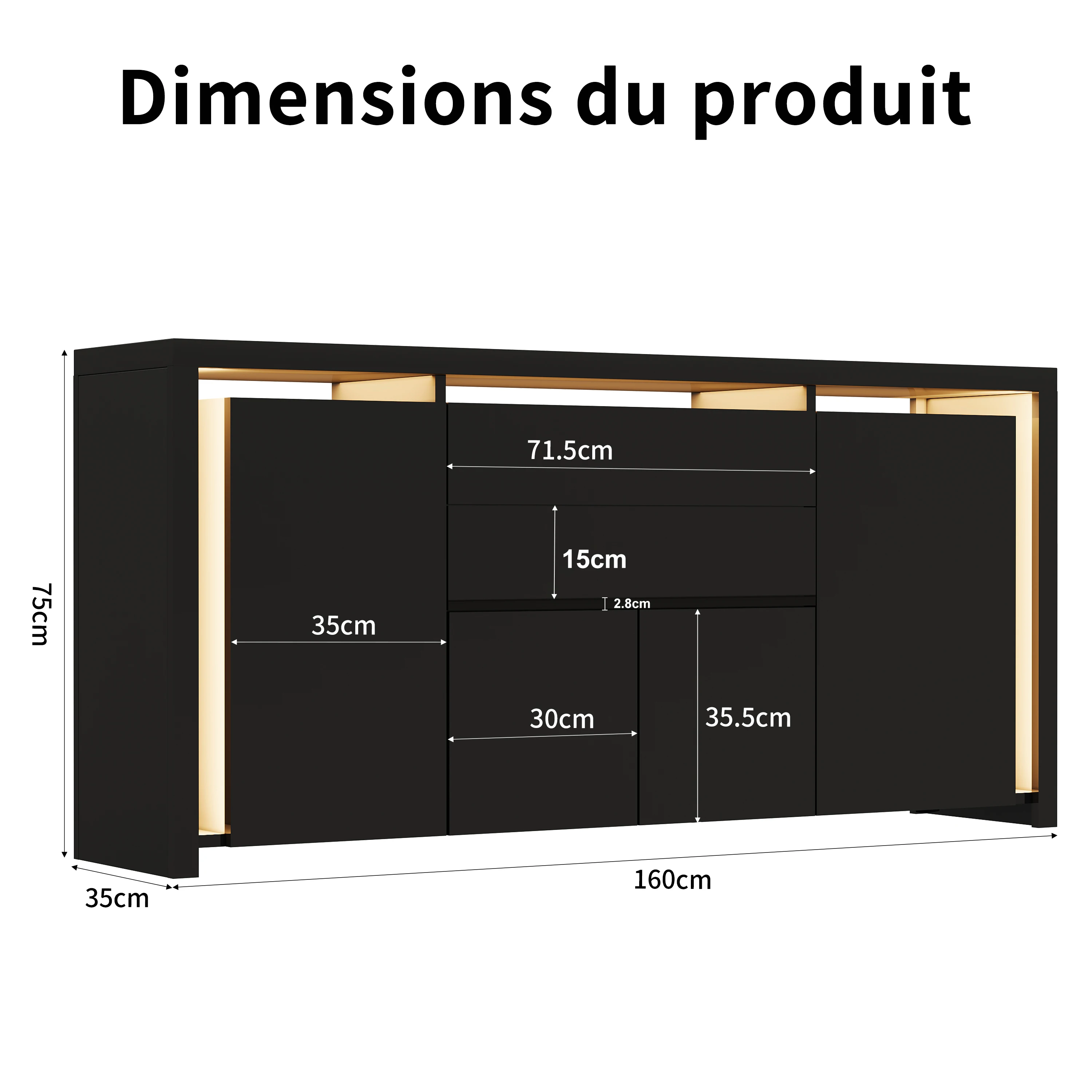 Rosahqnda Sideboard Hochglanzweiß mit LED, modernes Sideboard mit Tür und Schubladen, Buffetschrank, Kommode für die Küche – Detail 2
