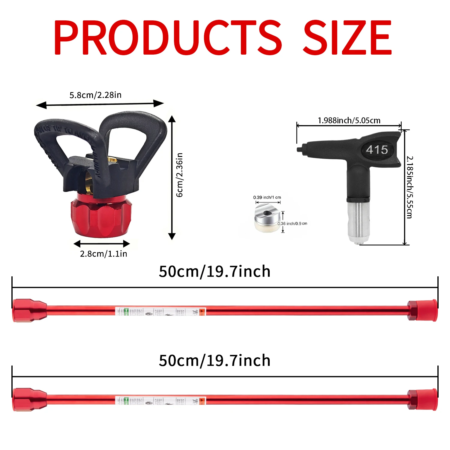 2 Airless Paint Sprayer Extension Rods (19.7inch) and 2 Reversible Nozzles (313 415) Including Gaskets and 1 Base, Spray Gun Head Extension Rod with Red Guard, Universal Replacement Tool for Airless Paint Sprayers, Suitable for Airless Paint Sprayers