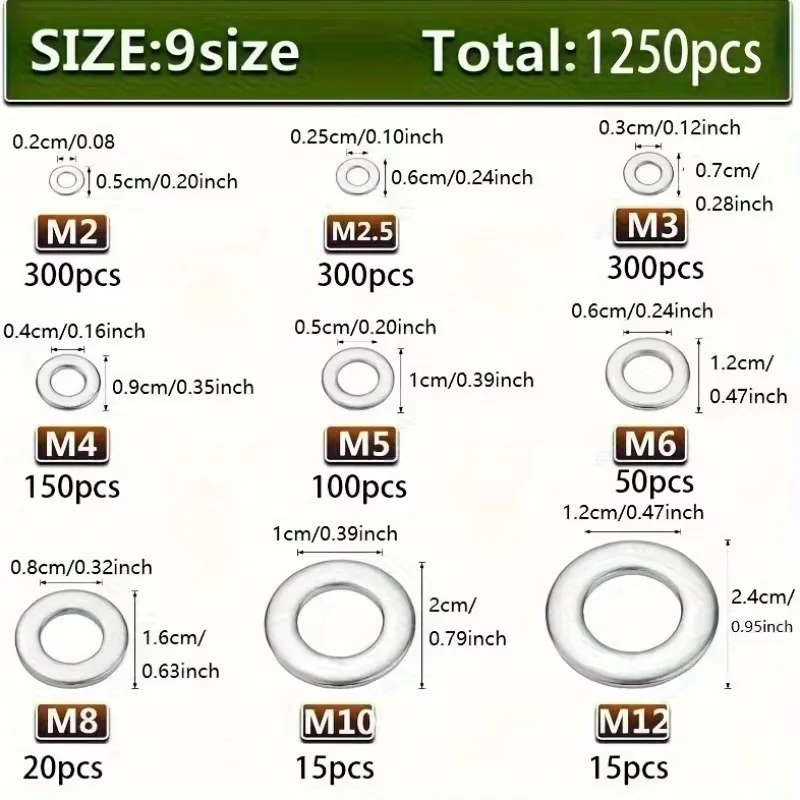 1250pcs Flat Washer Assorted Kit Random Box (M2 M2.5 M3 M4 M5 M6 M8 M10 M12) for Home Decor, Factory Maintenance, Kitchen, Store image 6