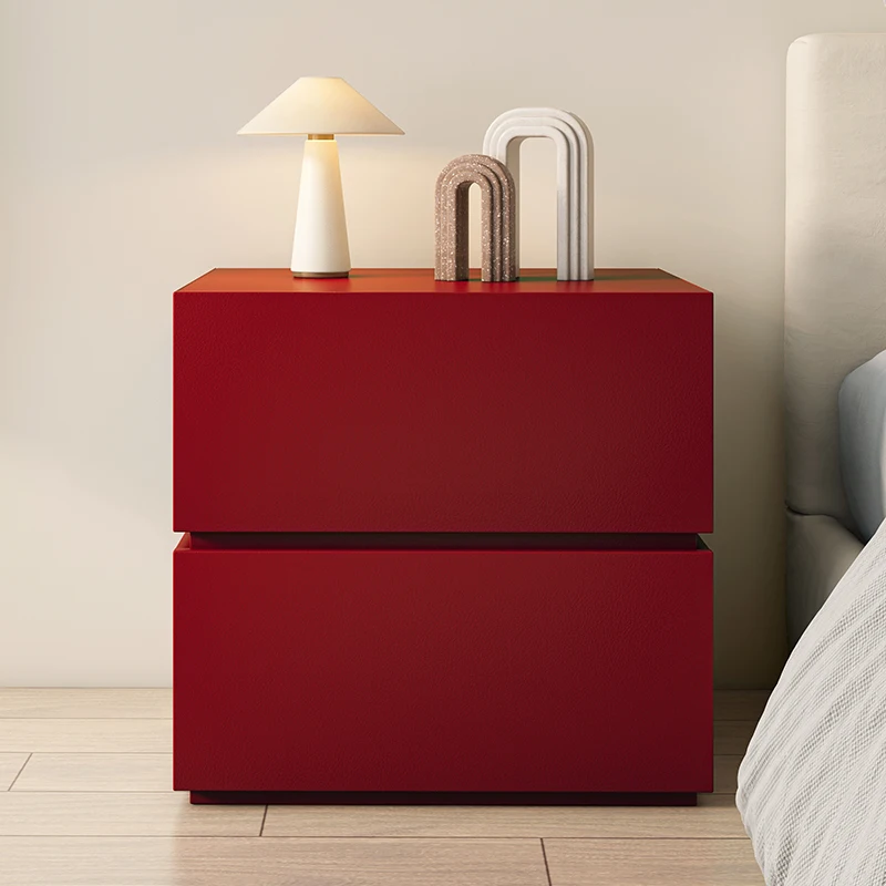 Designer solid wood bedside table retro red minimalist creative bedroom paint high sense modern minimalist bedside cabinet