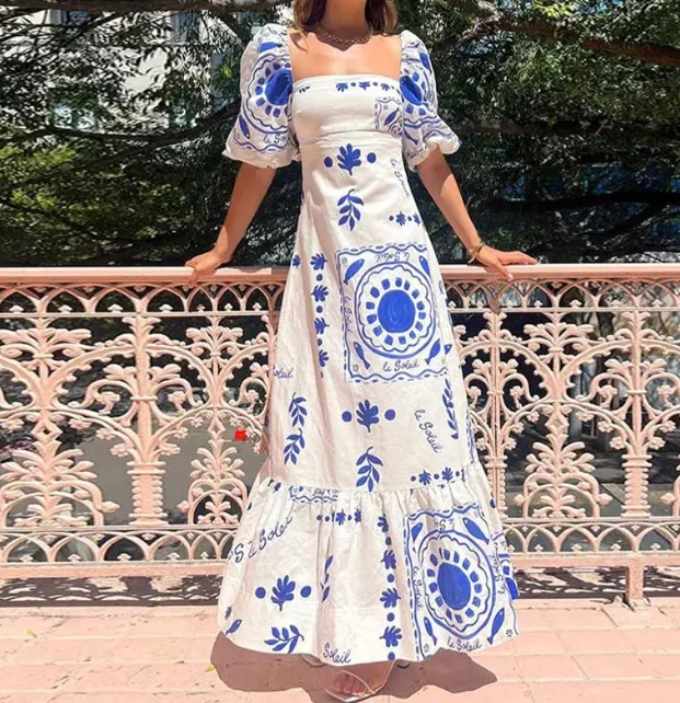 

Fashionable One Collar Printed Bubble Short Sleeved Dress for Women Elegant Midi Women's Dress