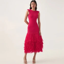 Customized Graceful Crew Neck Sleeveless Tassel Evening Dress Temperament Backless Zipper Back Pleats Red Vestido De Festa