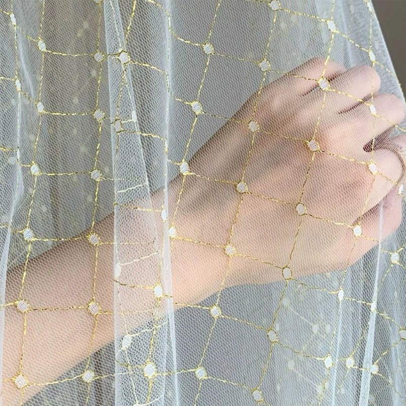 

3Yards/lot Diamond Grid Gold Wire Jacquard Mesh Lace Fabric For Girls' Tulle Dress Wedding Garment Sewing Decorative Net Fabric