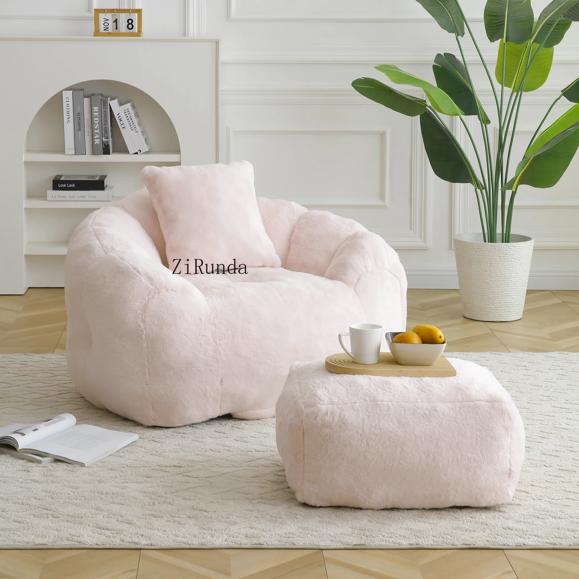 Giant oversized modern durable bean bag chair split backrest footstool artificial fur shell shape