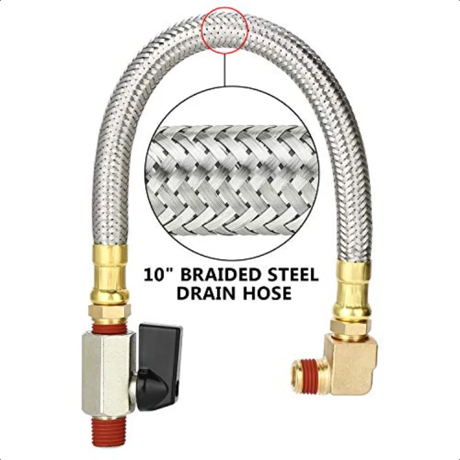 طقم تجميع استنزاف الخزان الممتد من HK مع خرطوم فولاذي مضفر 10 بوصة 1 4 بوصة استنزاف Vae ومناسب الكوع لضاغط الهواء