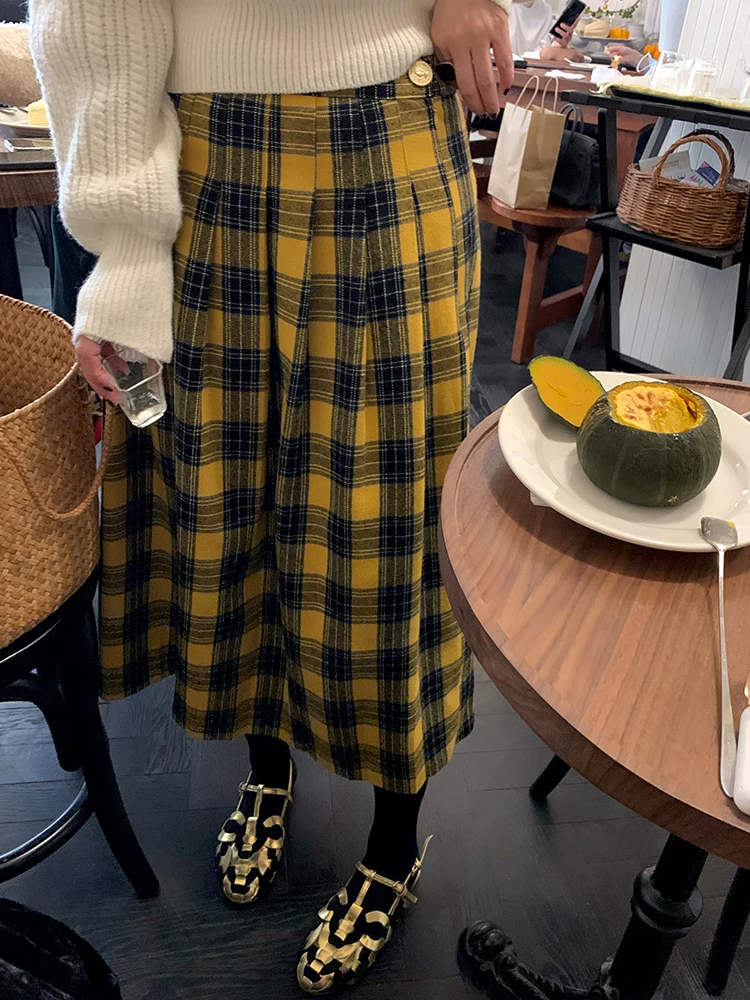 

Осенне-зимняя женская юбка А-силуэта до колен, желтая в клетку, из шерстяной ткани, с высокой талией, в корейском стиле, для офиса