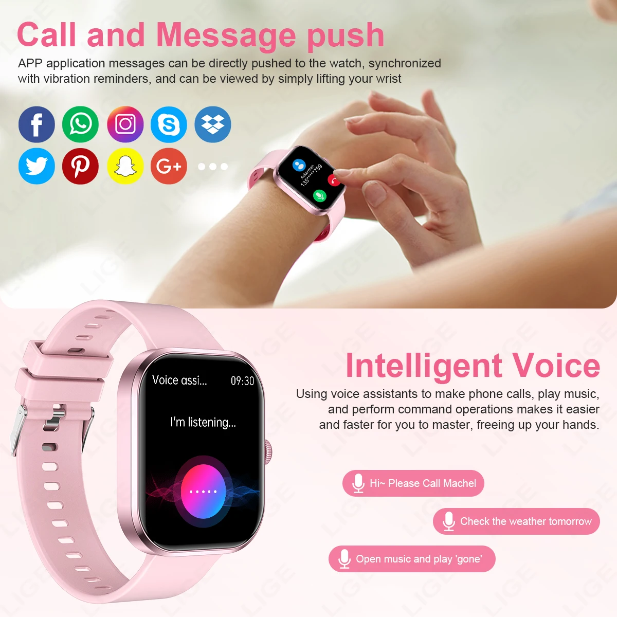 LIGE Smart Watches Ladies Bluetooth Call Sport Bracelet for Android IOS Women‘s Health Monitor Gift Music Clock Smartwatch Pink