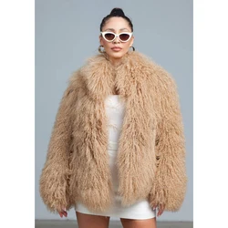 Real Fur Coat Women Mongolian Fur Coat Lapel Natural Sheepskin Fur Jacket 2024 New Fashion Winter Brown Curly Lamb Fur Coat