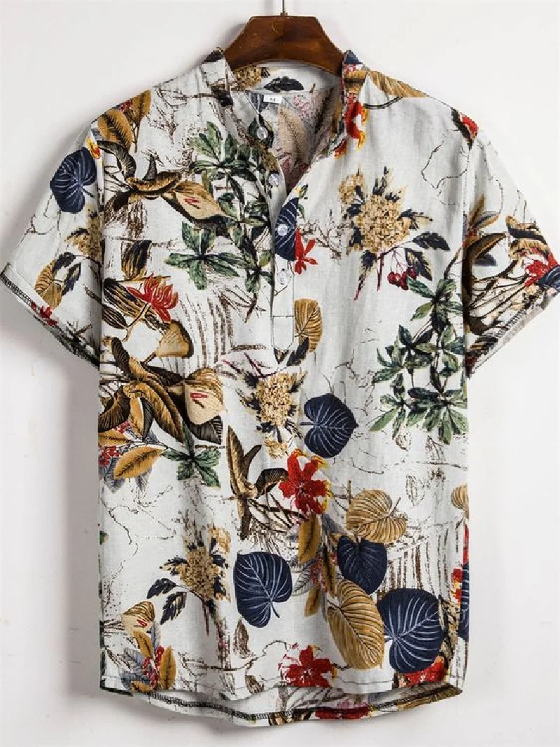 الصيف الرجال الرجعية المطبوعة نمط قصيرة الأكمام التلبيب زر أزياء عارضة معطف قميص الملابس المتضخم #5