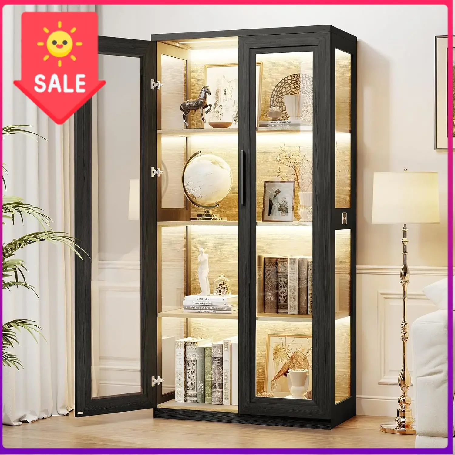 Curio Cabinet with Glass Doors, Bookcase with 4 Shelves, Black | Display Cabinets for Collectibles, China Cabinet with 3 Color L