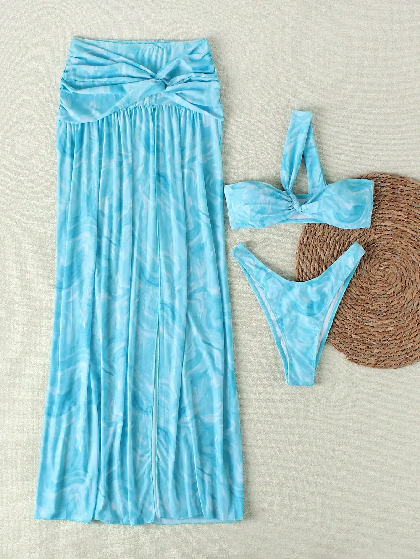 

Women's Summer Beach Vacation Twist Bandeau Bikini Set With High Slit Cover-Up Skirt 3-Piece