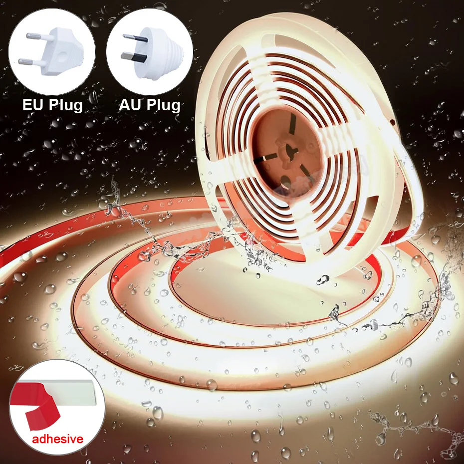 

Светодиодная неоновая лента COB 220В с вилкой EU/AU, самоклеящаяся, суперяркая, гибкая, водонепроницаемая, для наружного освещения и декора