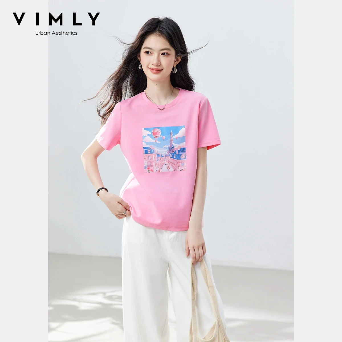 

VIMLY Women's Fashion Cartoon Print Knit T-Shirt 2026 Summer New Pink Round Neck Short Sleeve Daily Casual Straight Top A6277