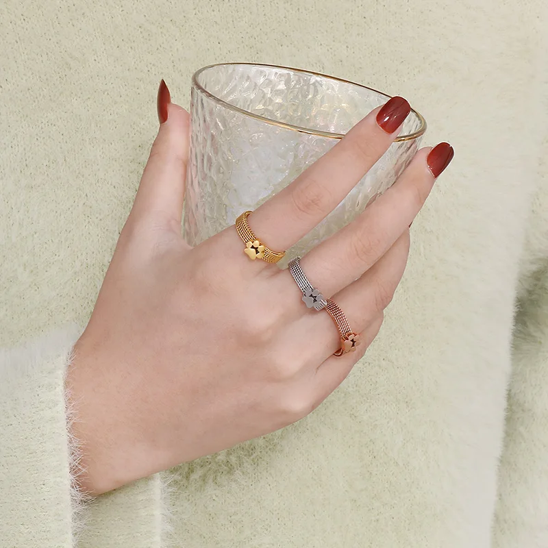 Fashion Stainless Steel Ring Women Cat\'s Paw Korea Mesh Link Chain Ring\'s For Women\'s Lucky Wedding Bands Christmas Jewelry