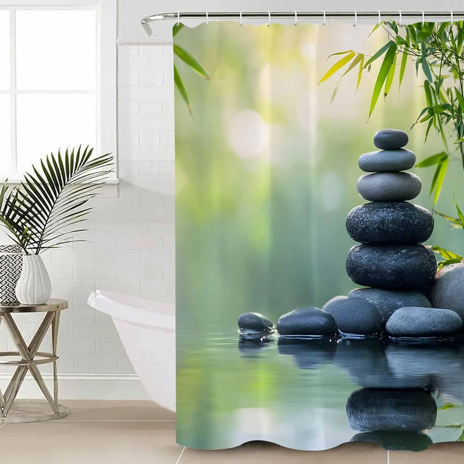 Washable Bathtub Curtain with 12 Hooks, Nature Water Reflection Country Botanical Waterproof Fabric Stall Shower Curtains for