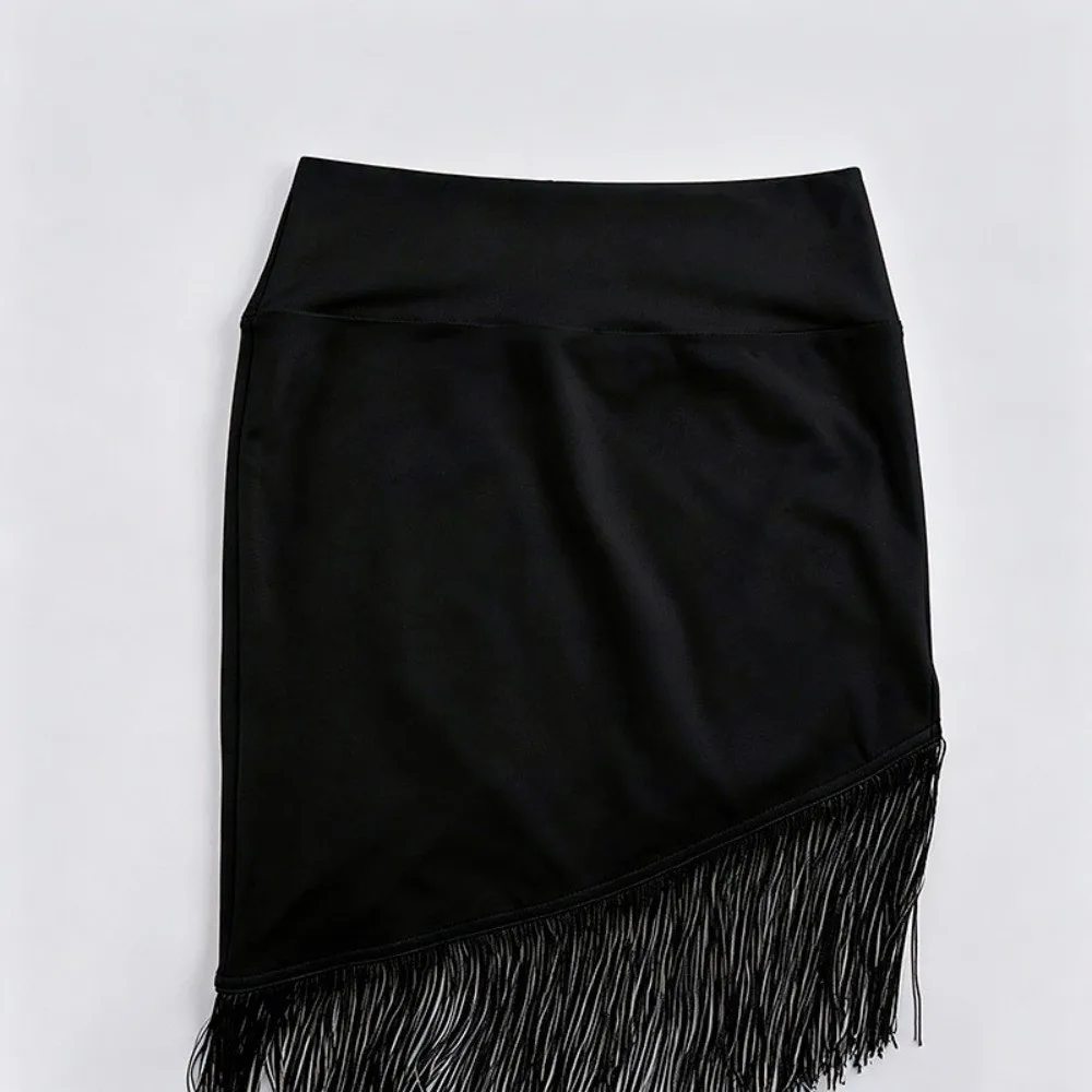 Modischer Rock mit unregelmäßigem Saum, niedriger Taille, schmaler Passform, knielang, Midi-Rock mit Quastenbesatz für Damen – Detail 8