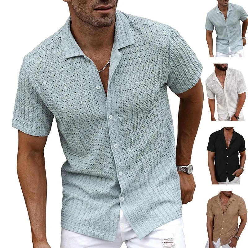 

Summer Mens Short Sleeve Shirt Lightweight Shirts Light Blue Spread Collar Button Down Shirt Slim Fit Black Casual Shirt