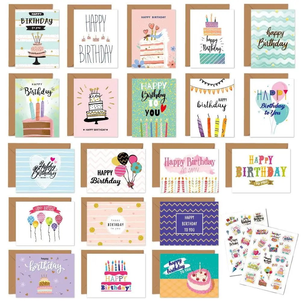 20pcs Combination Set Birthday Greeting Card DIY Blessing Happy Birthday Card with Envelope Handwriting Message Cards