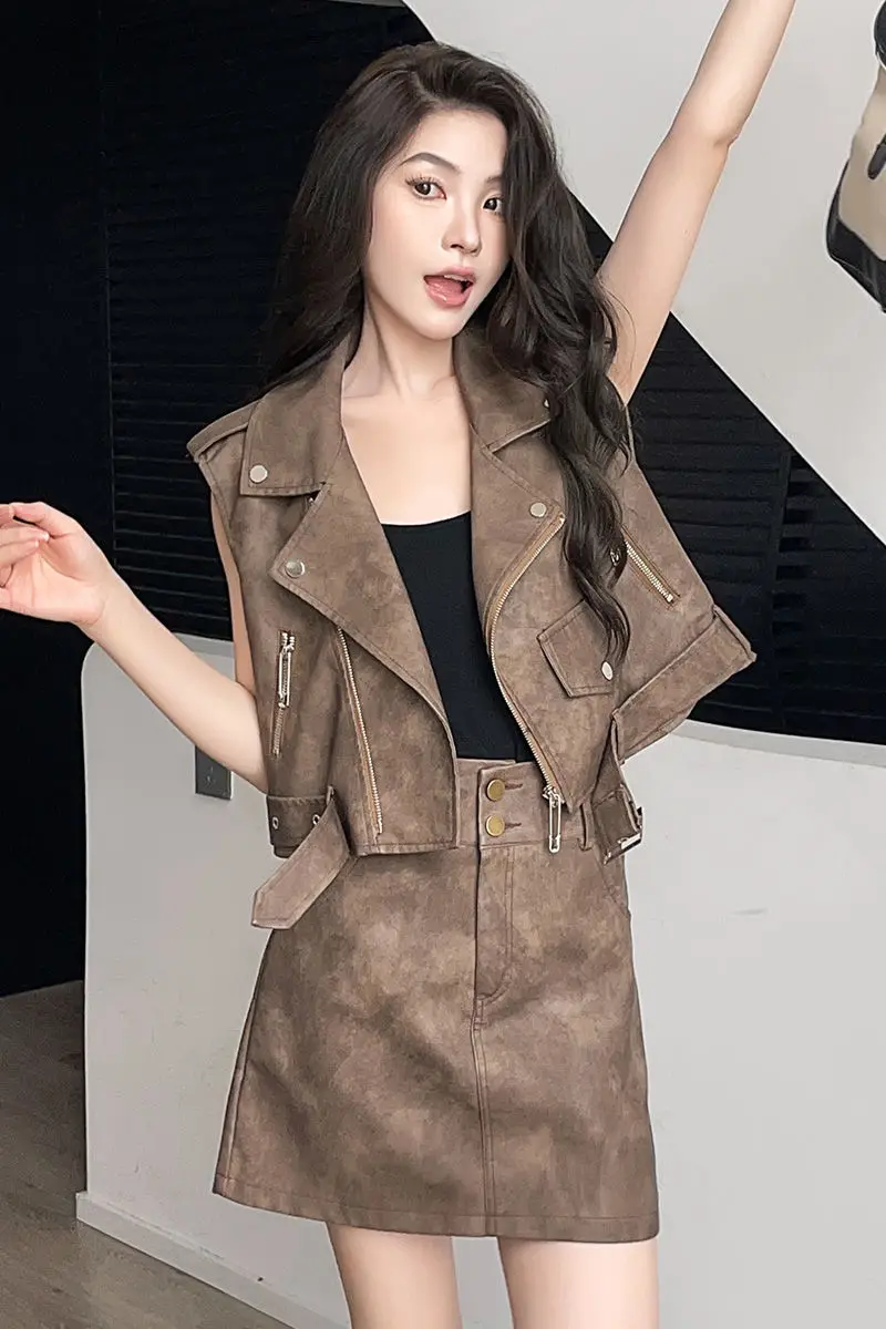

Sweet Cool Hot Girl Style Two-piece Sleeveless Leather Vest Short Skirt Women Spring Autumn New High-end Suit