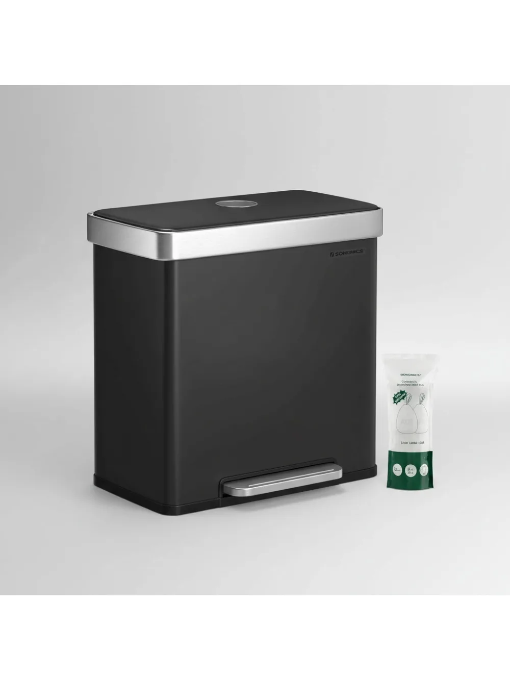 سلة مهملات المطبخ ذات المقصورة المزدوجة سعة 16 جالونًا مع دواسة، وغطاء مفتوح، وصندوق إعادة تدوير من الفولاذ المقاوم للصدأ للمنازل الحديثة