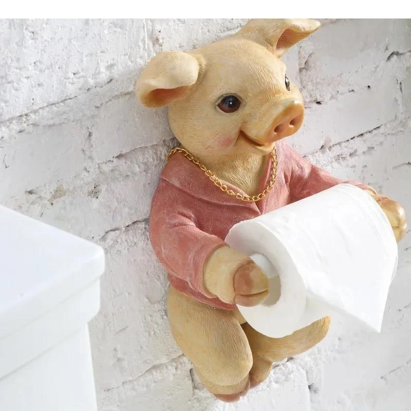 Piggy Roll Holders Resin Simple Style Paper Towel Dispenser Toilet Bathroom Shelf Holder Hook  Punch -free Decoration