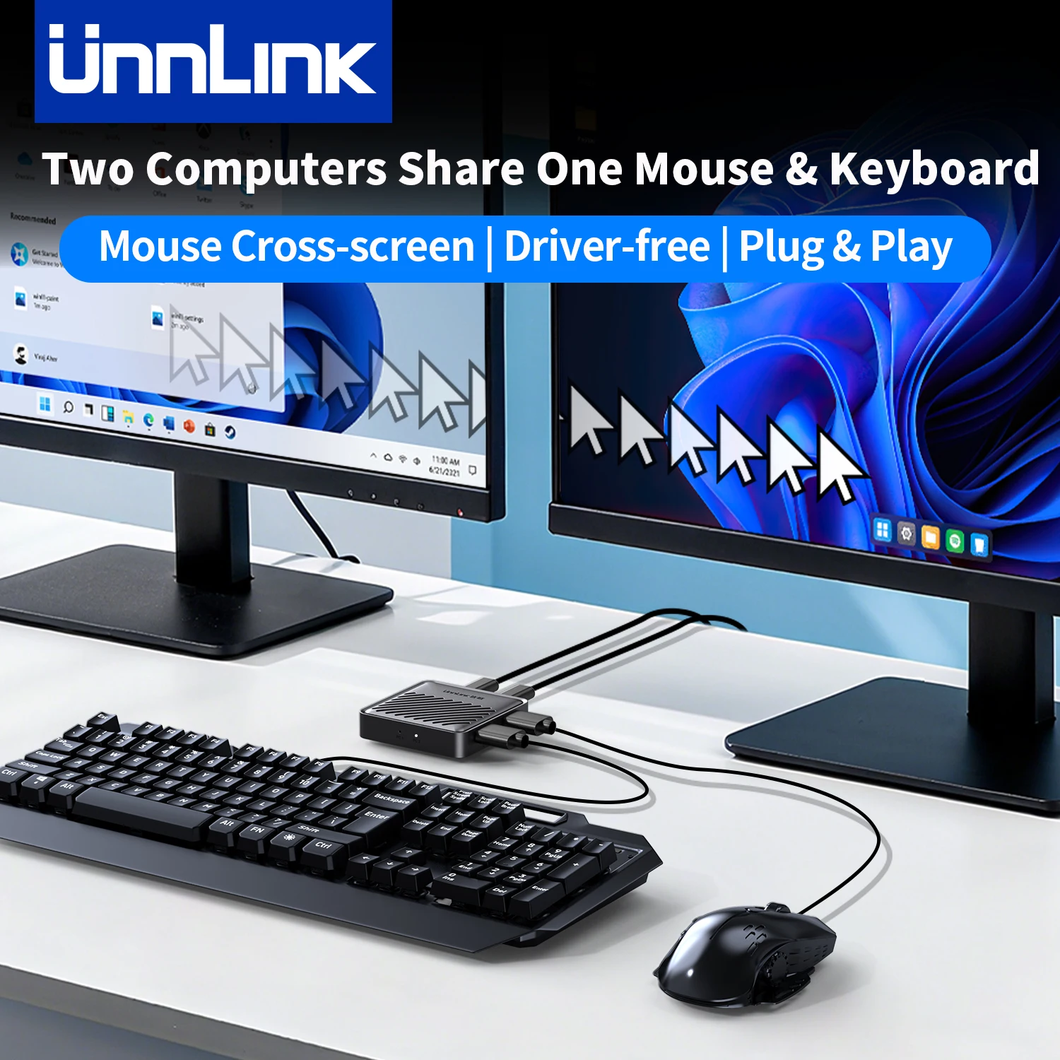Unnlink Schermo trasversale per cursore del mouse senza bordi, hardware per interruttori KVM USB, commutazione senza soluzione di continuità per 2 PC, condivisione tastiera mouse