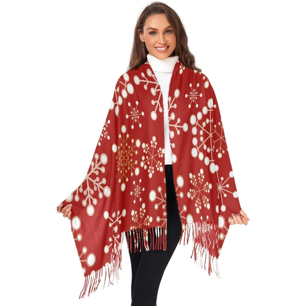 クリスマス雪片女性ラップパシュミナショール、冬暖かいロングスカーフ、タッセル付き、イブニングドレス結婚式用