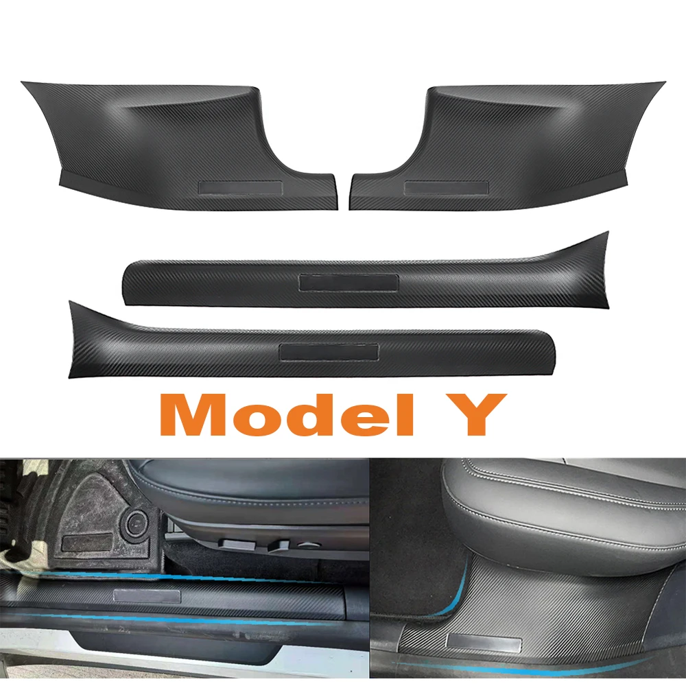 Protectores de alféizar de puerta delantera Y trasera para Tesla Model Y Model 3, cubierta de alféizar de puerta de coche ABS negro de carbono,