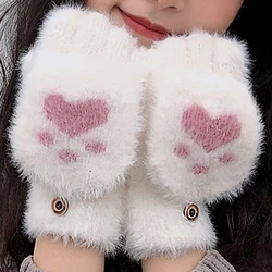 Mink Fur Flip Fingerless Gloves Cat Claw Cute Women Glove Knitting Wool half finger with cover Touchscreen Glove Winter Mittens