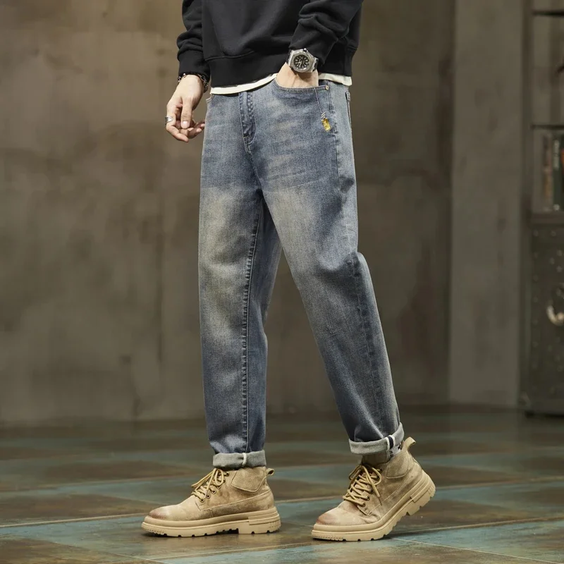 Spring 2024 and Autumn New Fashion Simple Versatile Jeans Men's Trendy Loose Straight Crop Pants High Quality Denim 1B18