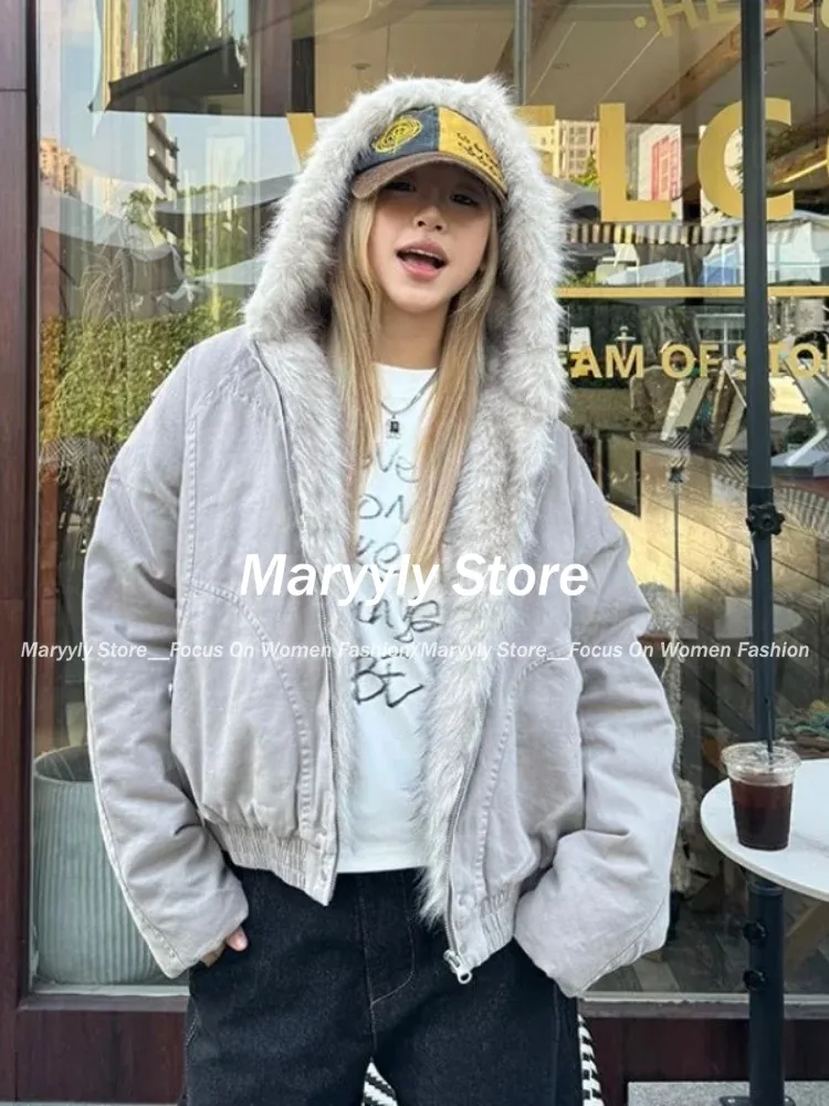 Winter American Retro Fur Collar Hooded Jacket Women Y2K Streetwear Velvet Thickened Warm Harajuku Loose Casual Jacket 2025 New