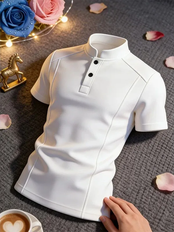 White Heavyweight Structured  Shirt Men Summer High-End Feel Henry Collar T-Shirt American Correct Shoulder Short Sleeve
