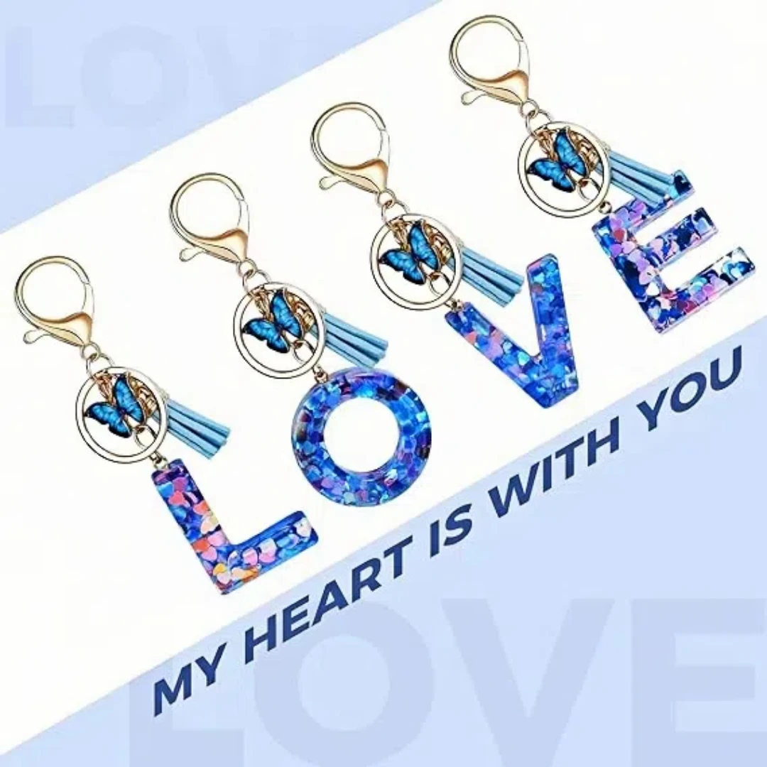 New Personalized 26 Letter Keyring Blue Y2k Cute Love Butterfly Keychain for Bag Acrylic Pendant Key Ring Buckle Chains Gift