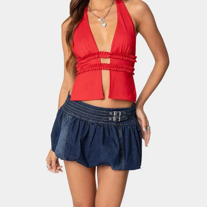 

Summer 2025 Women's Cowboy Half Skirt Low Waist Strap Wrapped Hip Fold Flower Bud Short Skirt