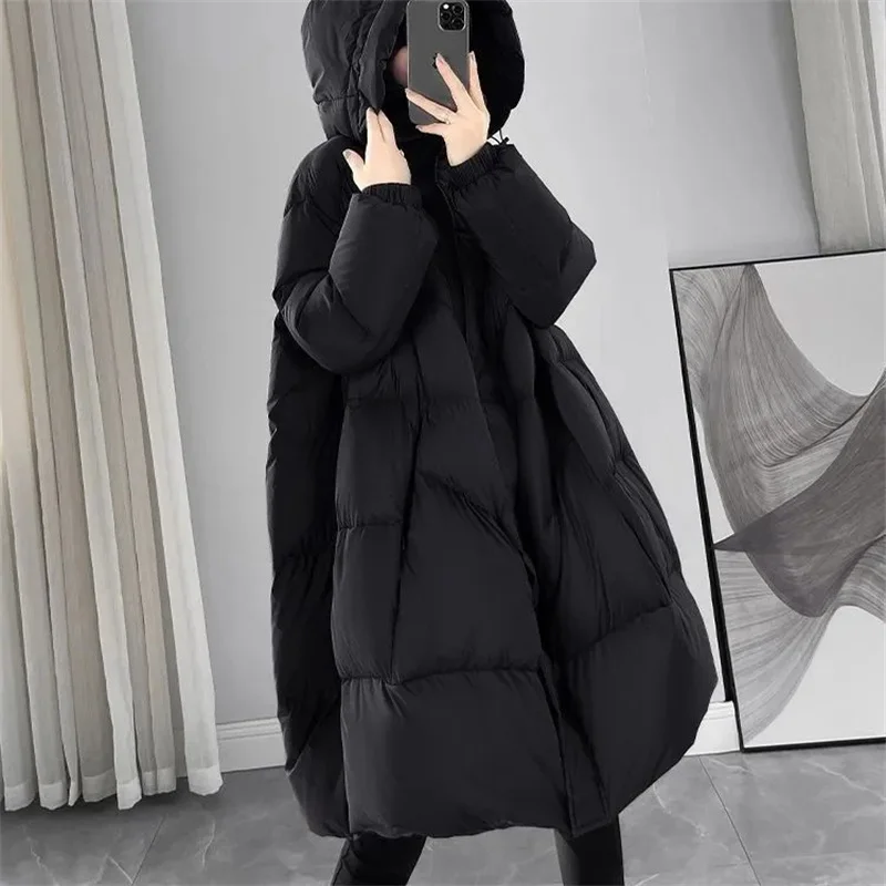 

Oversized Black Winter Hooded Down cotton Jacket For women 2024 New Korean version Loose Long Coat Female Warm Parker Overcoat