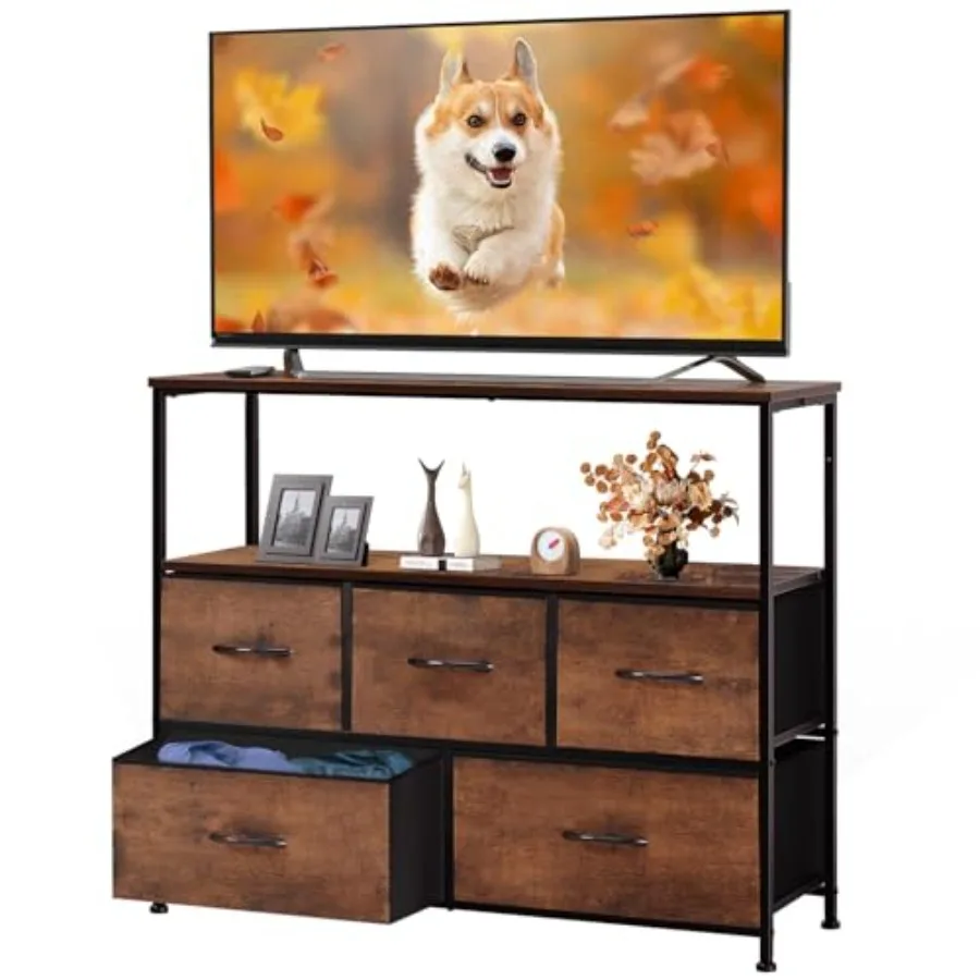 

TV Stand Dresser with 5 Fabric Storage Drawers Media Console Featuring Open Shelf for 45 inch TV Compact Entertainment Un