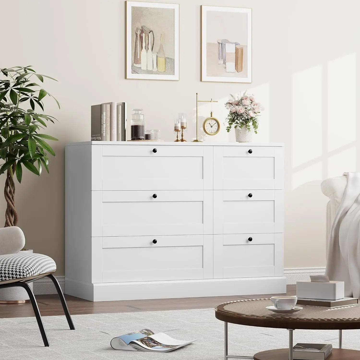 HOSTACK 6 Drawer Dresser, White Dresser for Bedroom, Wood Chest of Drawers, Wide Double Dresser, Modern Drawer Chest for Living