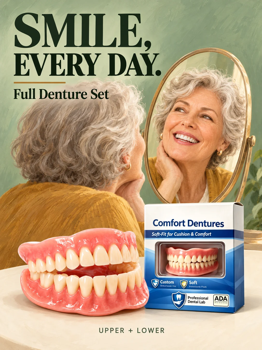 Full Denture Set Upper and Lower False Teeth, Natural Looking Artificial Teeth for Adults, Removable Dentures for Daily Wear