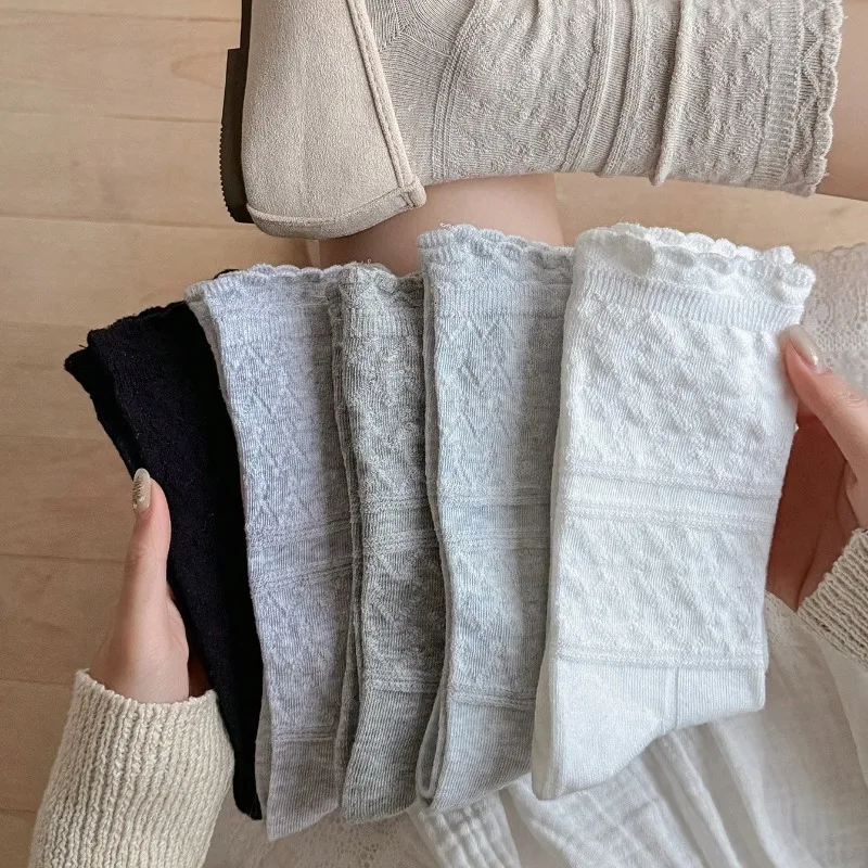 Women Long Socks Cotton New Fashion Plain Casual Classic White Socks For Women Cute Lace Korean Style Women Socks